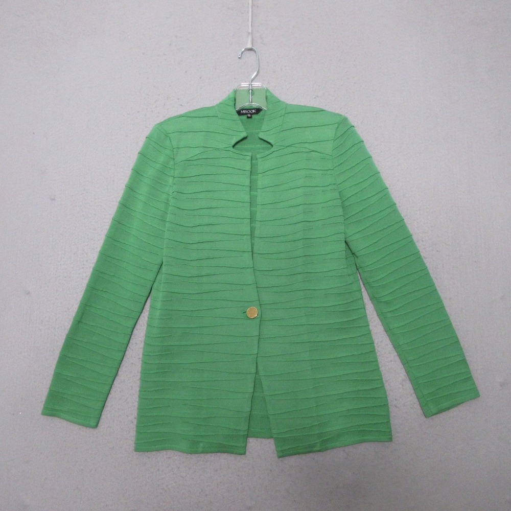 Misook Sweater Cardigan XS Kelly Green Gold Button Timeless Quiet Luxury Classic